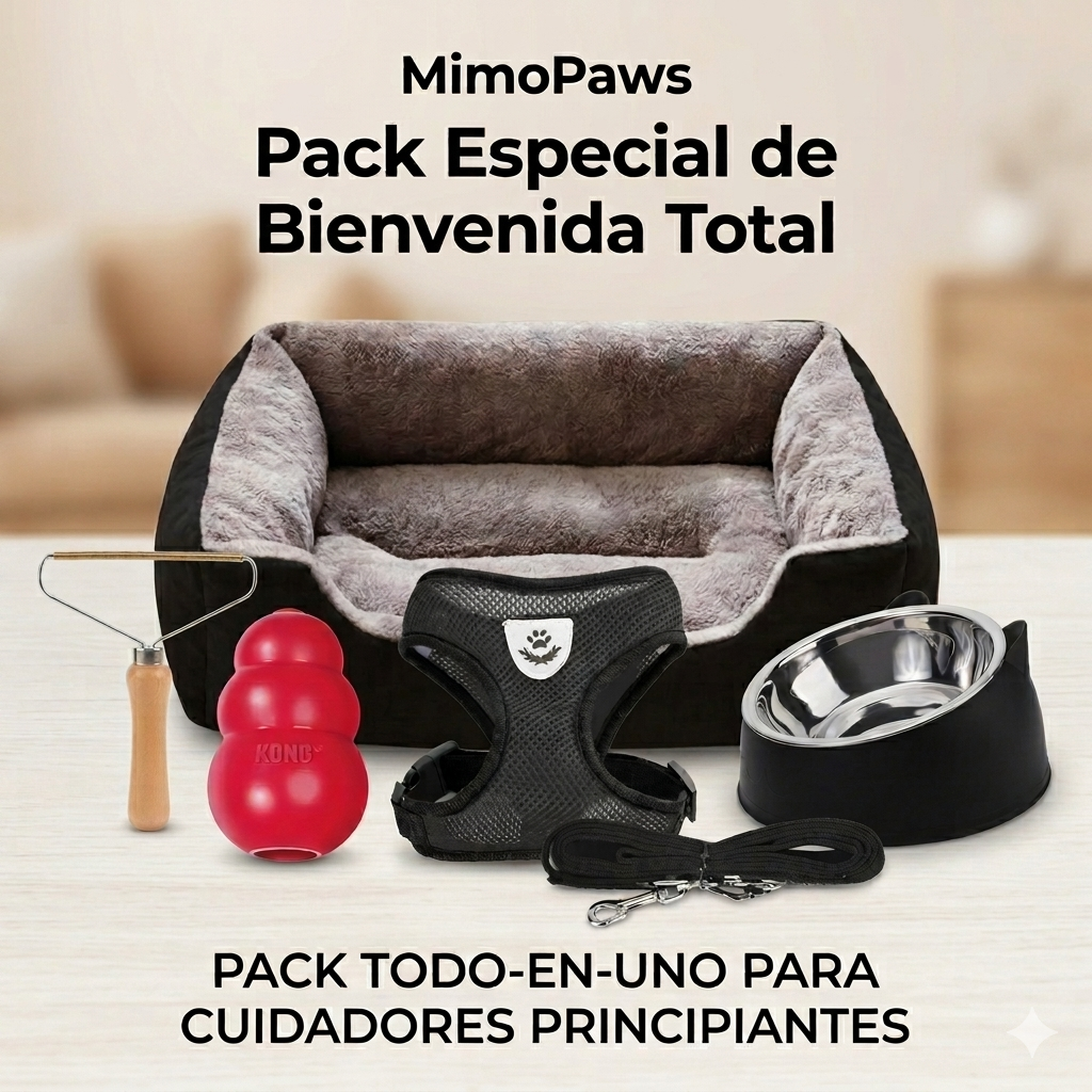 Pack Canino Primerizo (Cama + Arnés + Comedero + Juguete + Peine)