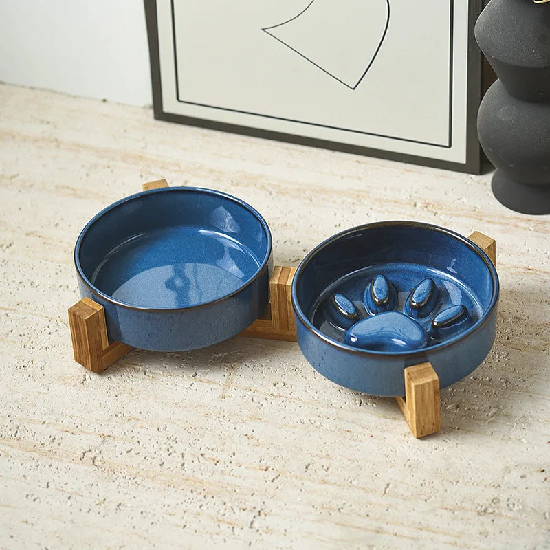 Tazones de cerámica MimoPaws con base de madera
