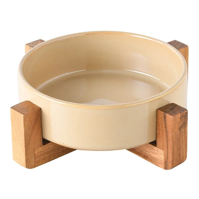 Tazón de cerámica con base de madera para mascotas