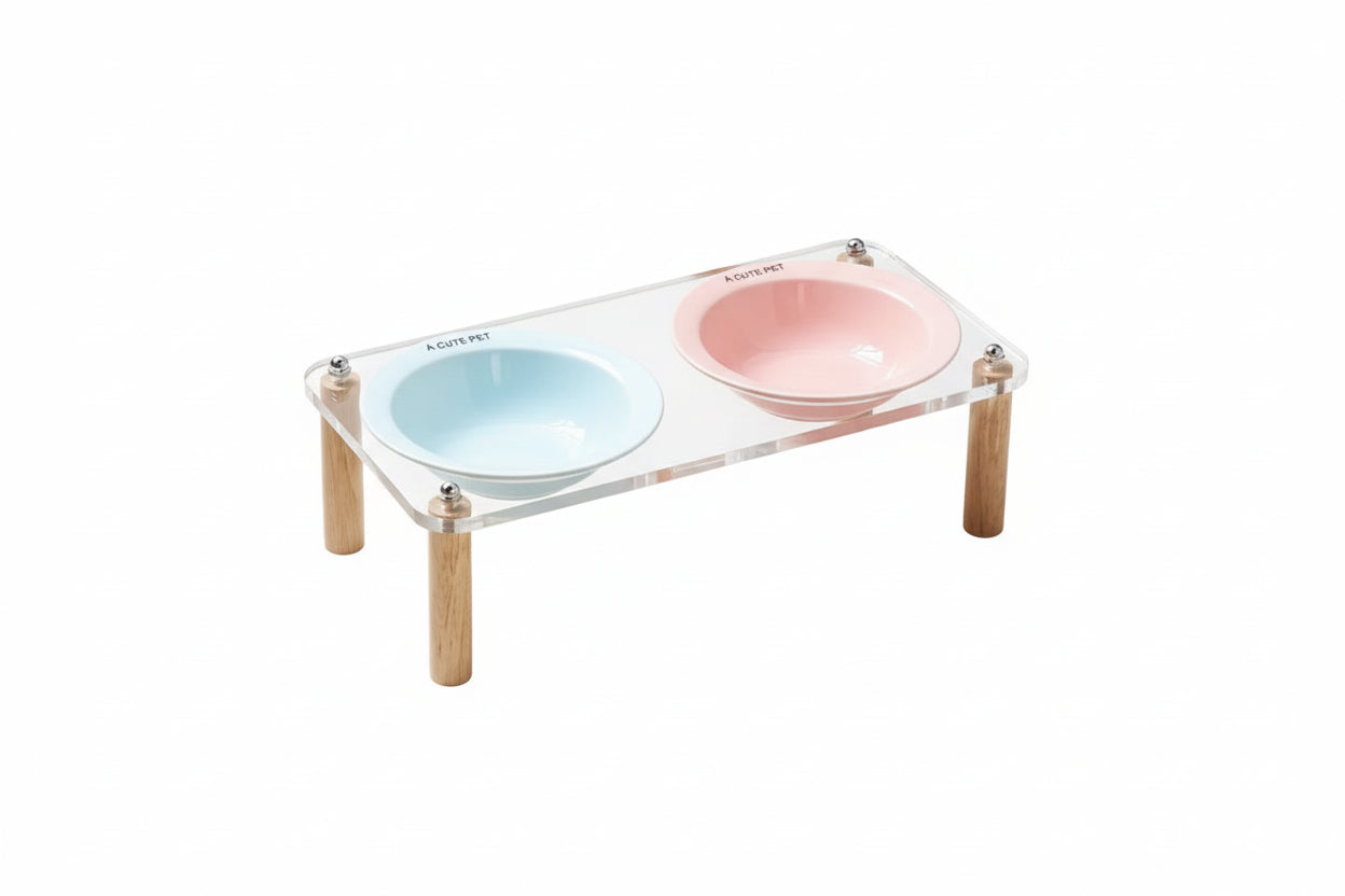 Soporte acrílico con cuencos de cerámica para mascotas