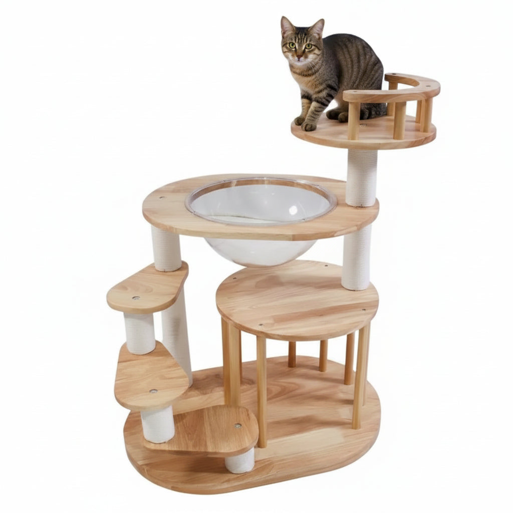 MimoPaws Árbol para Gatos de Madera premium Maciza Natural con Hamaca de Acrílico