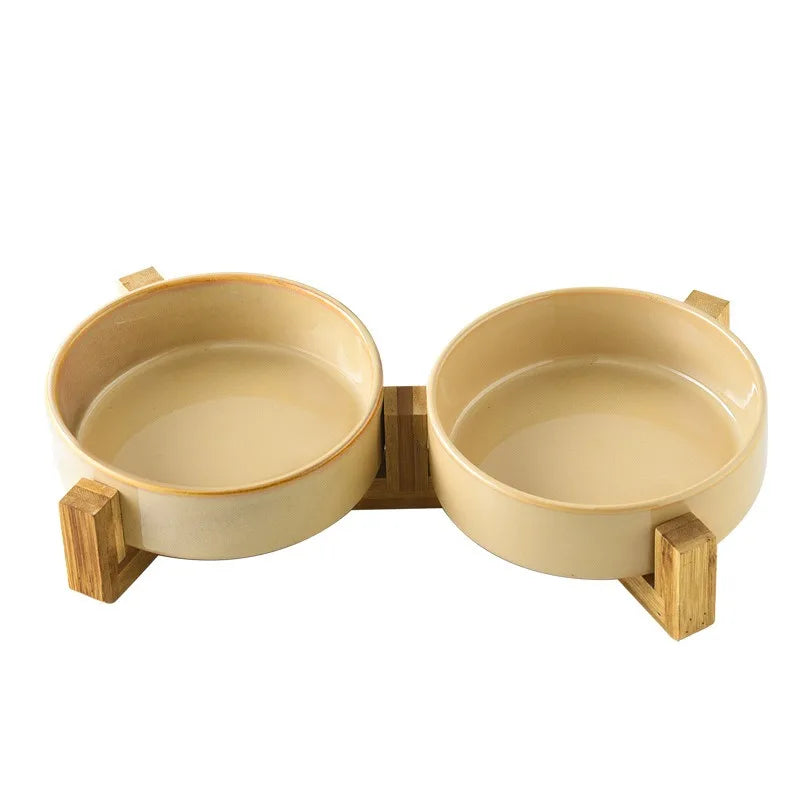 Tazones de cerámica en base de madera doble para mascotas