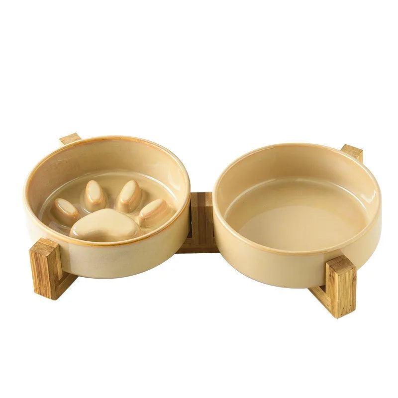 Tazones de cerámica MimoPaws con base de madera