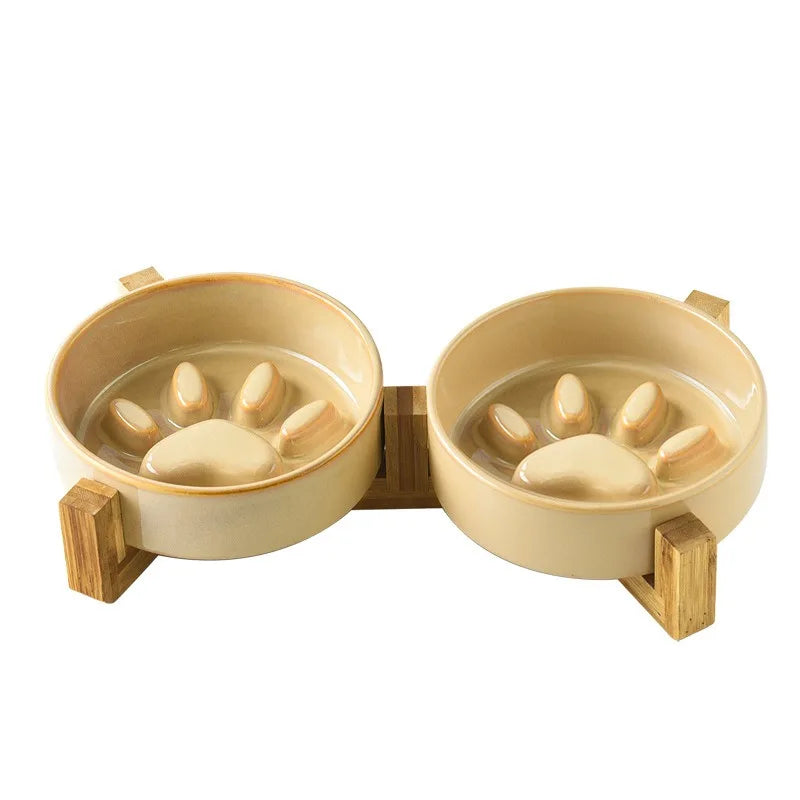 Tazones de cerámica MimoPaws con base de madera