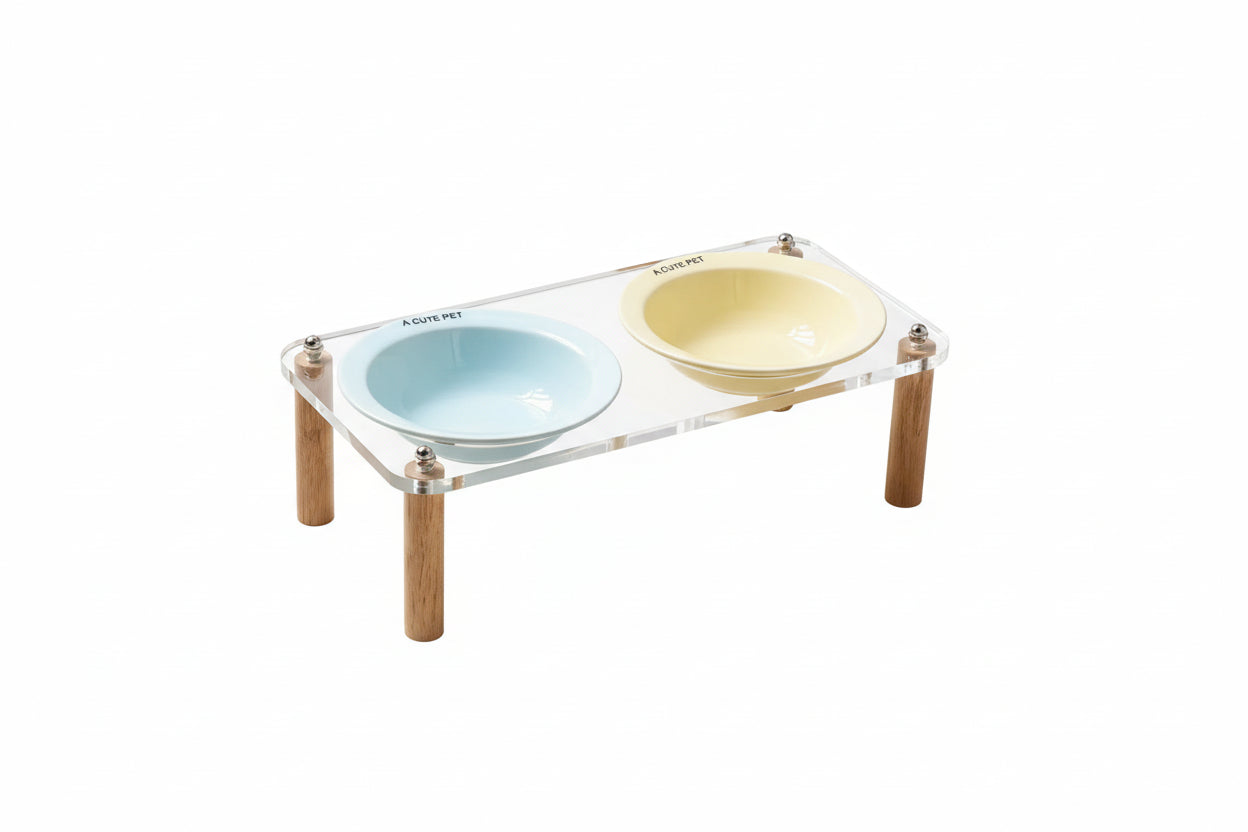 Soporte acrílico con cuencos de cerámica para mascotas