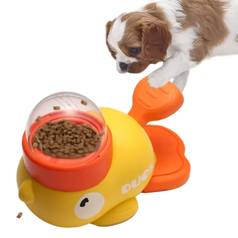 Dispensador de comida con forma de pato amarillo juguete de adiestramiento de cachorros